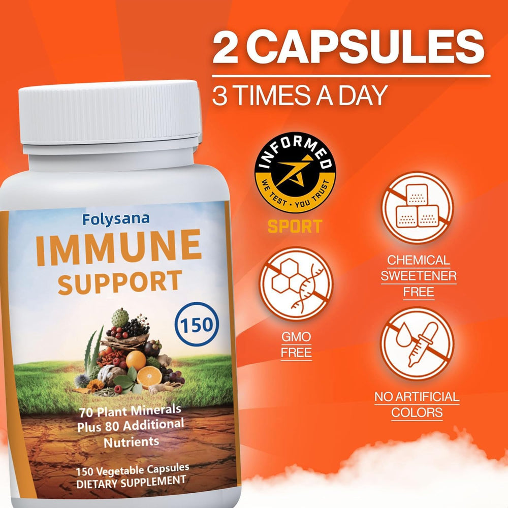 Folysana Immune Support bottle back label shows ingredients and allergen-free attributes