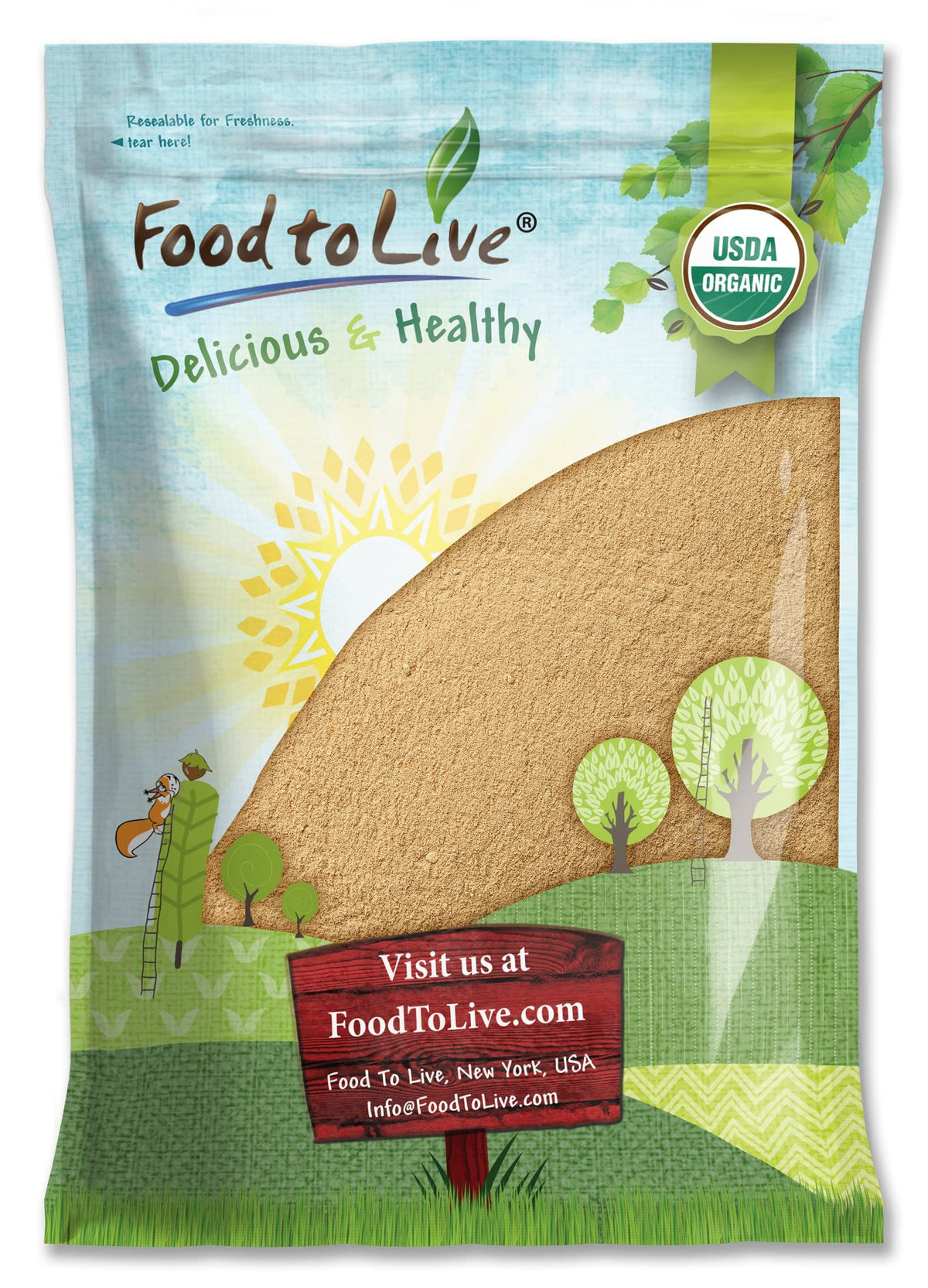 Food to Live Amla Powder bottle closeup highlights antioxidant-rich Amalaki for daily smoothies.