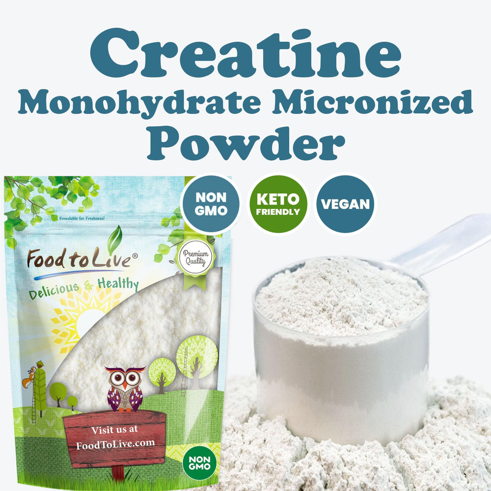 Food to Live Creatine Monohydrate Micronized Powder ingredient card emphasizes purity.