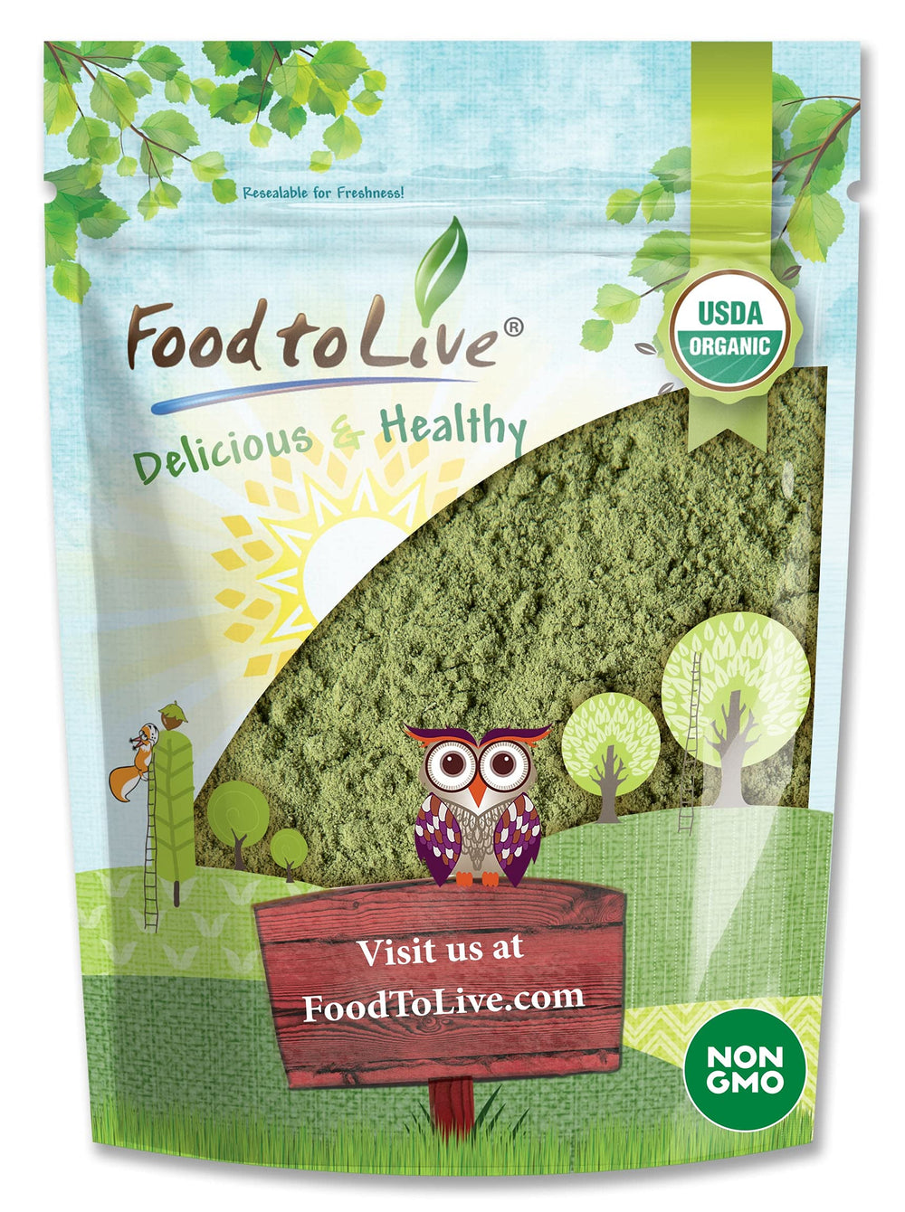 Food to Live Organic Alfalfa Powder bottle pour for easy smoothie addition