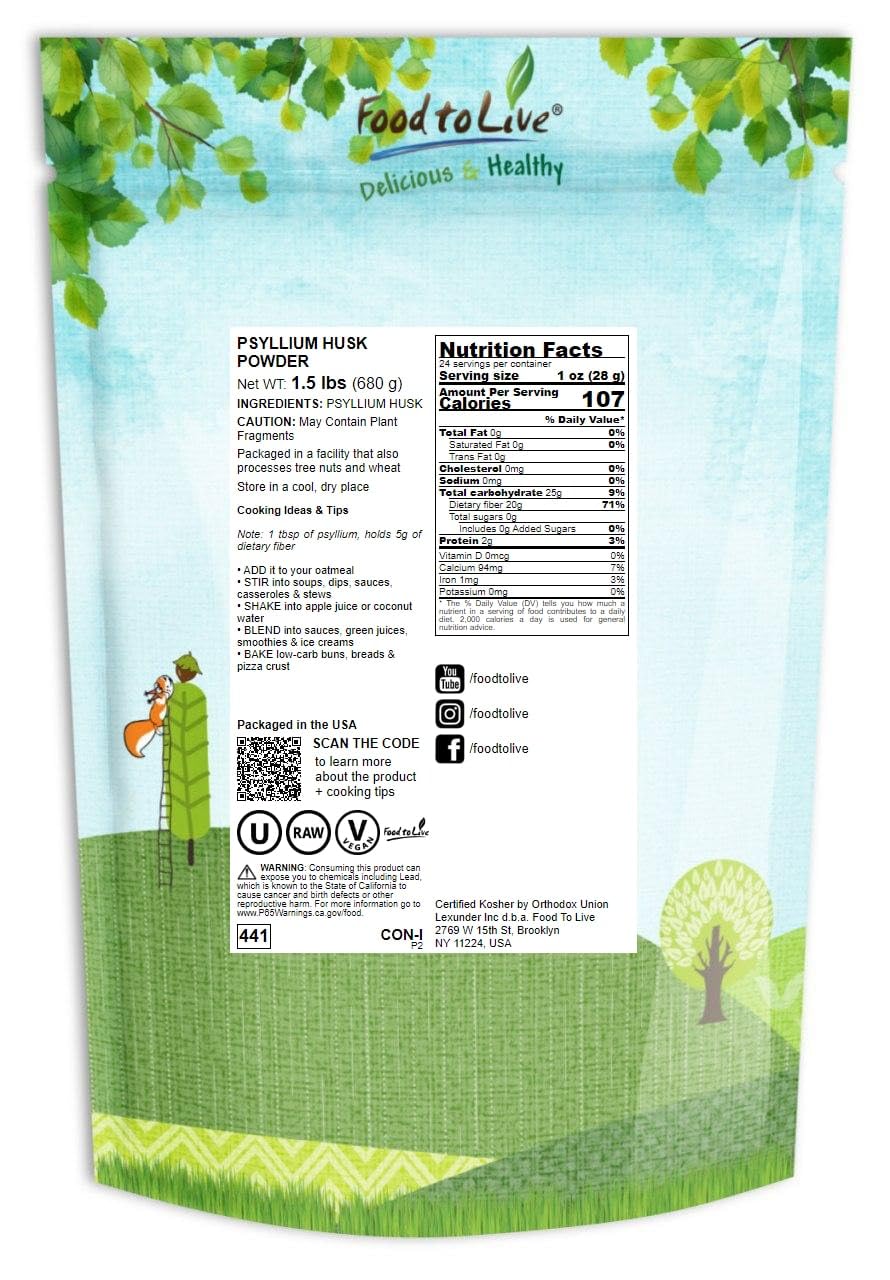 Food to Live Psyllium Husk Powder scoop demonstrates precise serving for daily fiber.