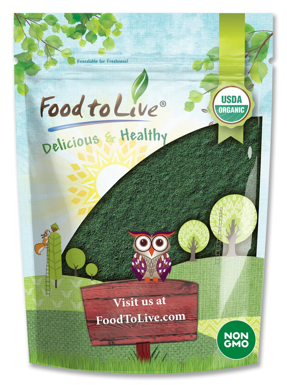 Food to Live spirulina powder bottle front showcasing vegan protein for smoothies