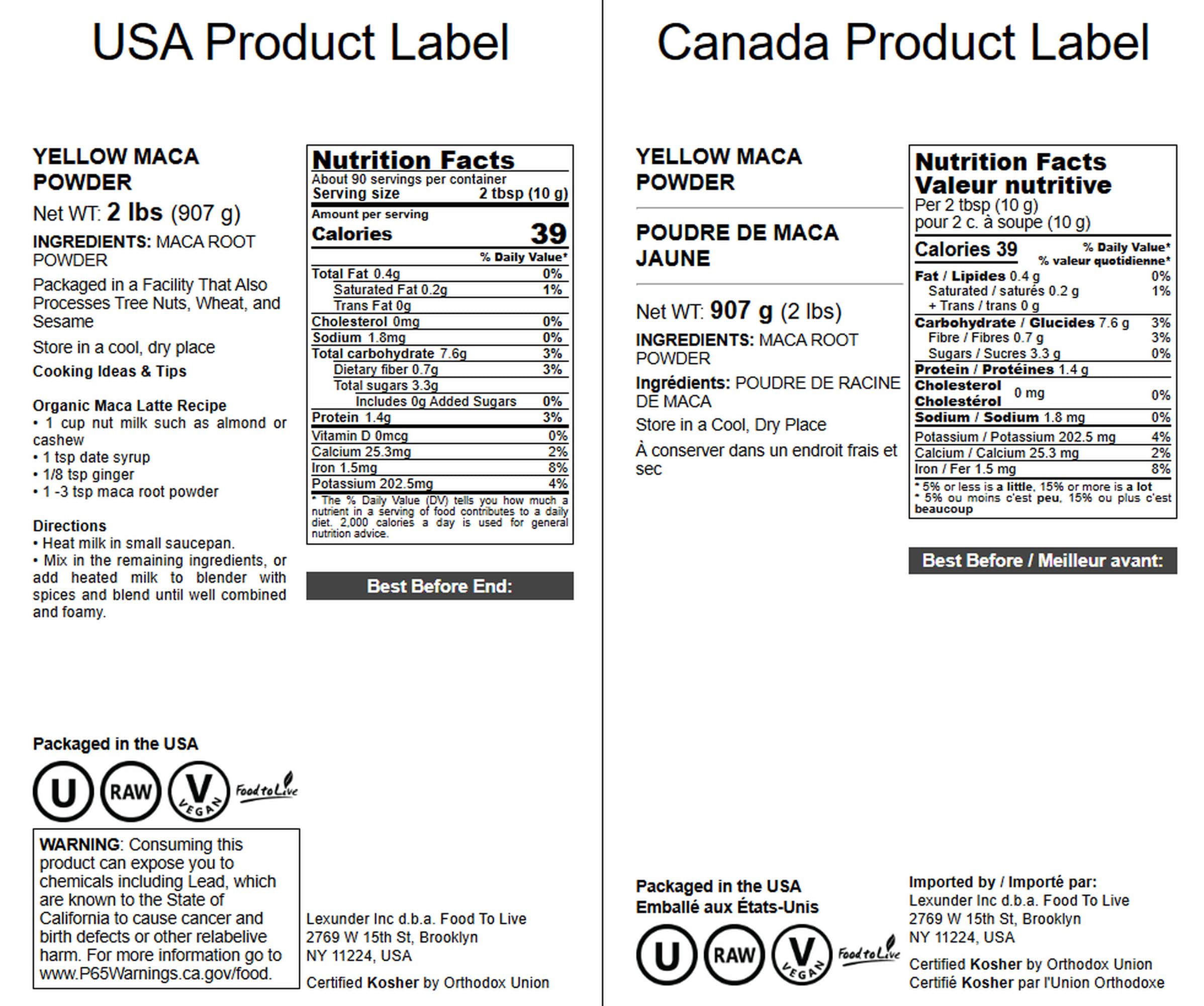 Food to Live Yellow Maca Powder label closeup highlighting vitamin content.