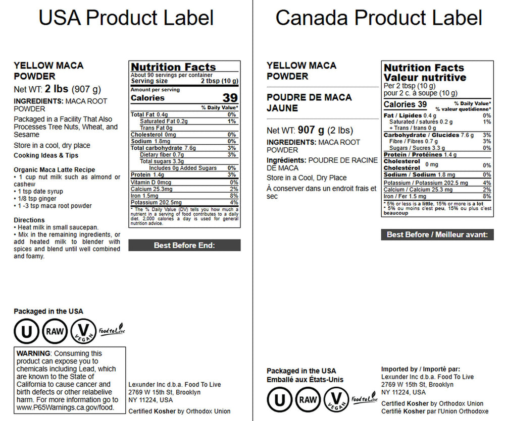 Food to Live Yellow Maca Powder label closeup highlighting vitamin content.
