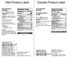 Food to Live Yellow Maca Powder label closeup highlighting vitamin content.