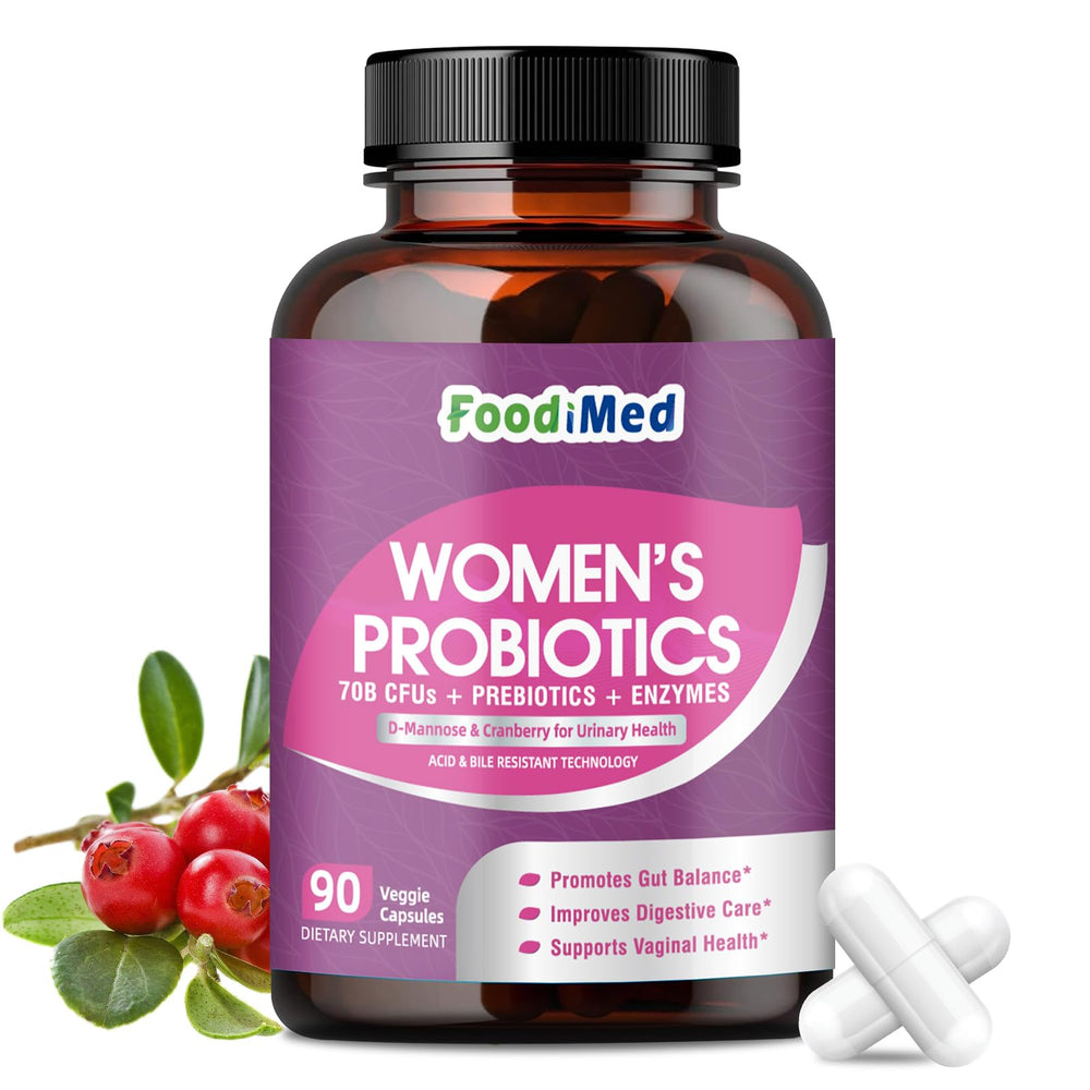 FoodiMed Probiotics for Women bottle front promotes daily gut balance