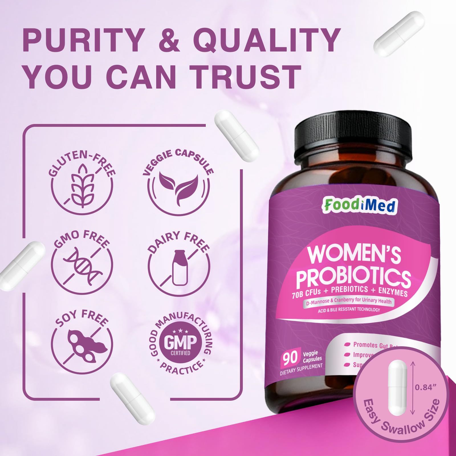 FoodiMed Probiotics for Women delayed-release icon and gut health concept