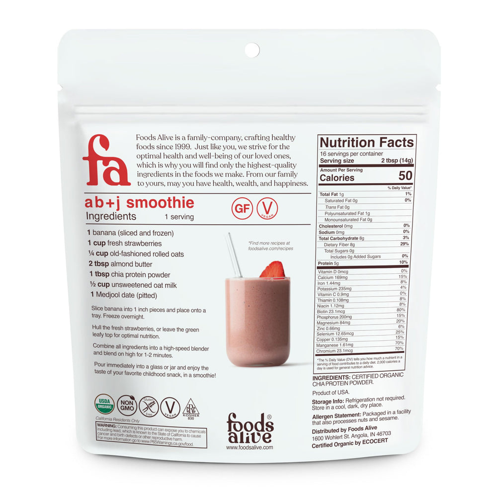 Foods Alive chia protein powder bottle ready to mix a quick shake