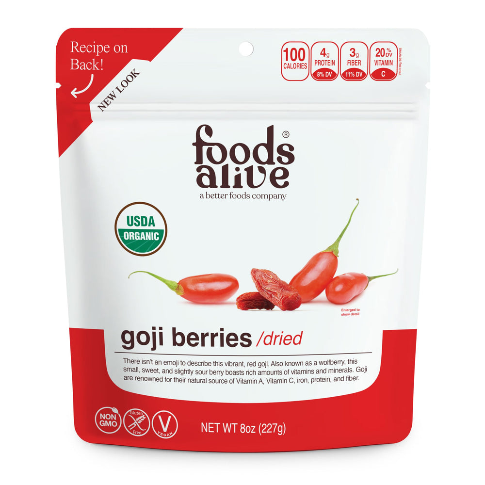 Foods Alive Organic Goji Berries packaging shows organic, non-GMO quality.