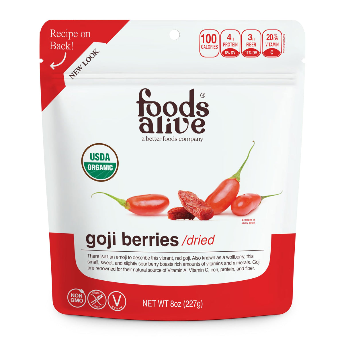 Foods Alive Organic Goji Berries packaging shows organic, non-GMO quality.
