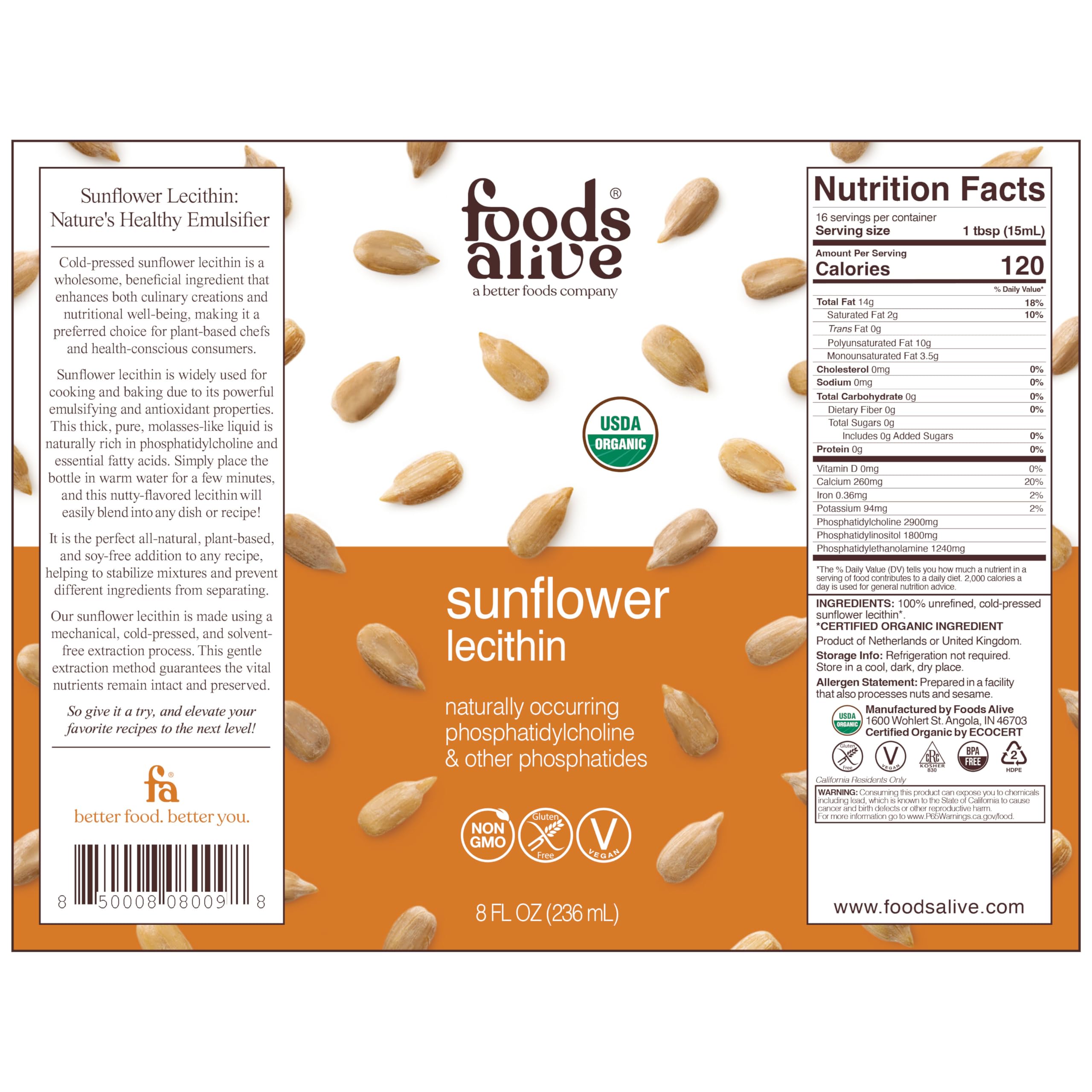 Foods Alive Sunflower Lecithin Liquid pour, blends smoothly into smoothies and batters.