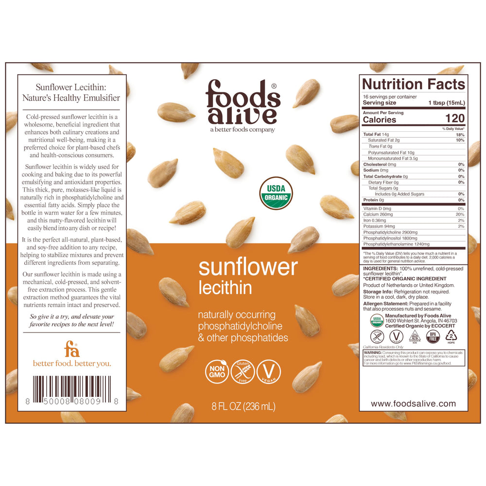 Foods Alive Sunflower Lecithin Liquid pour, blends smoothly into smoothies and batters.