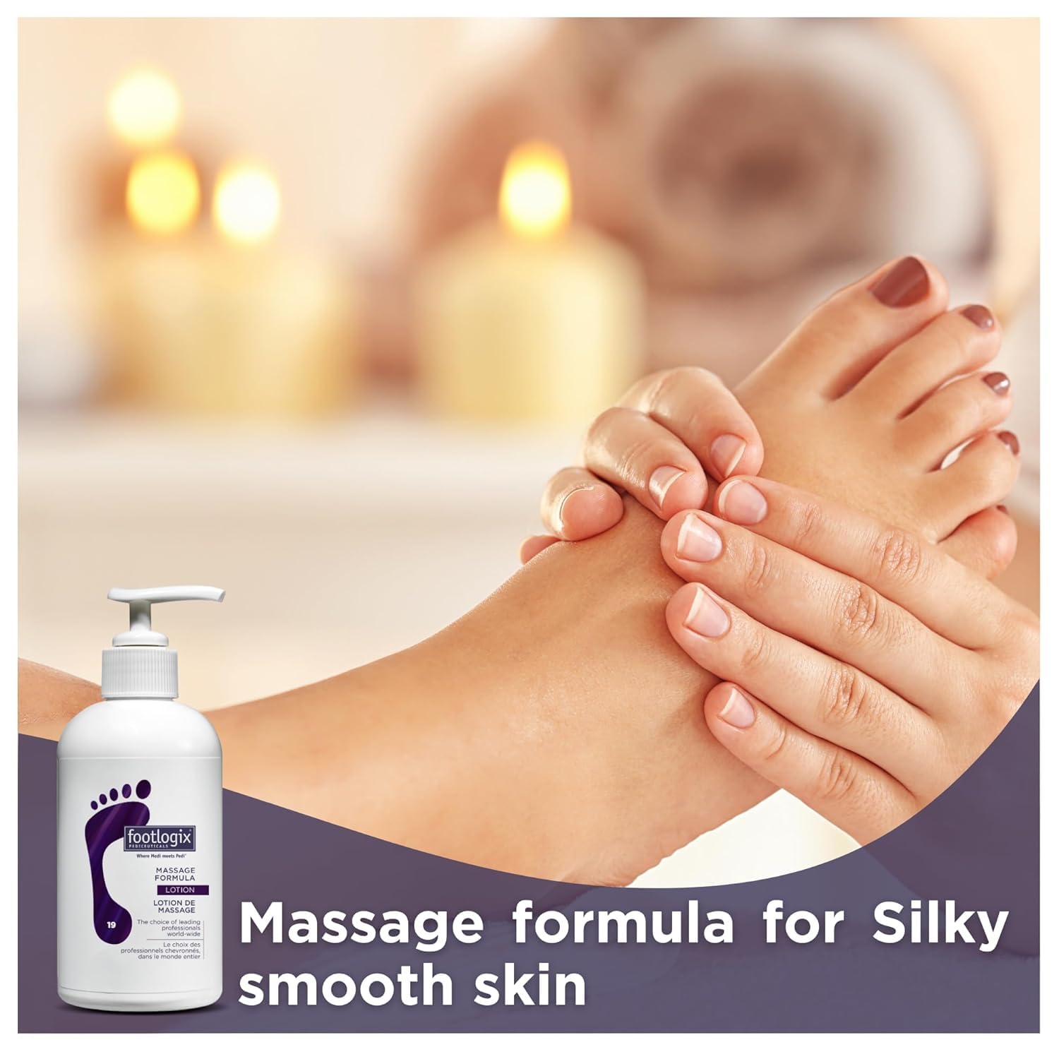 Footlogix Massage Formula Lotion pump dispenses smooth non greasy hydration for daily use.