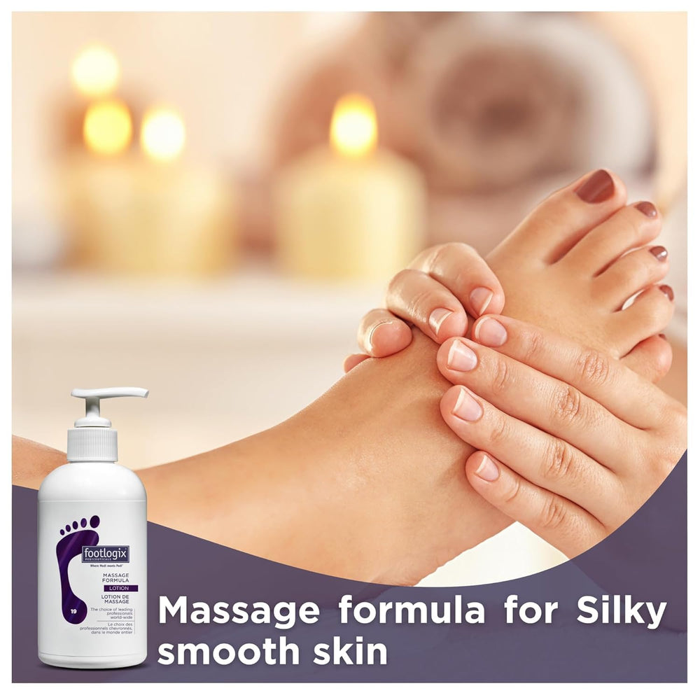 Footlogix Massage Formula Lotion pump dispenses smooth non greasy hydration for daily use.