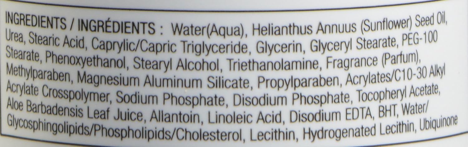 Urea and sunflower oil contribute to hydration during routine care.