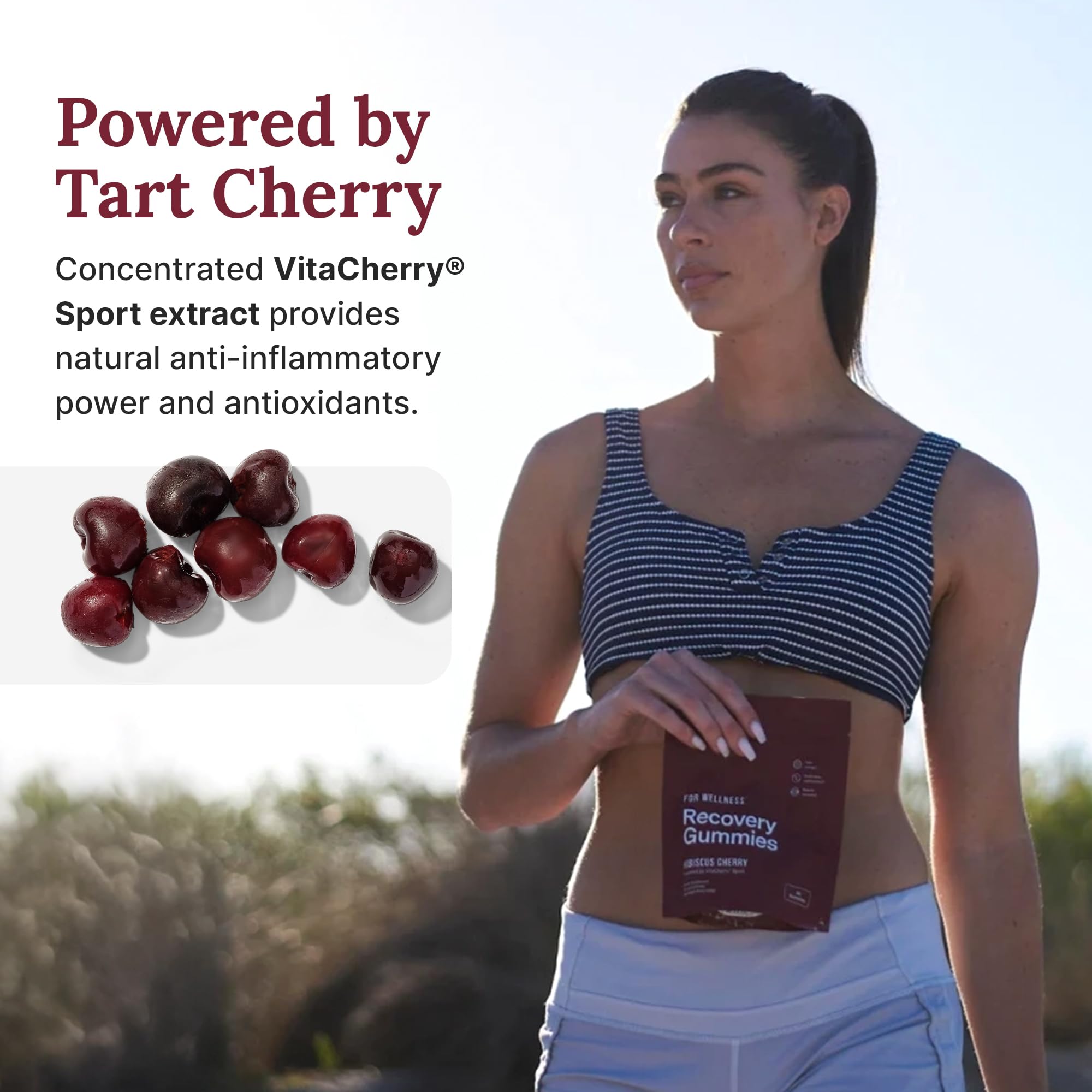 For Wellness Recovery Gummies hibiscus cherry label communicates clean vegan ingredients