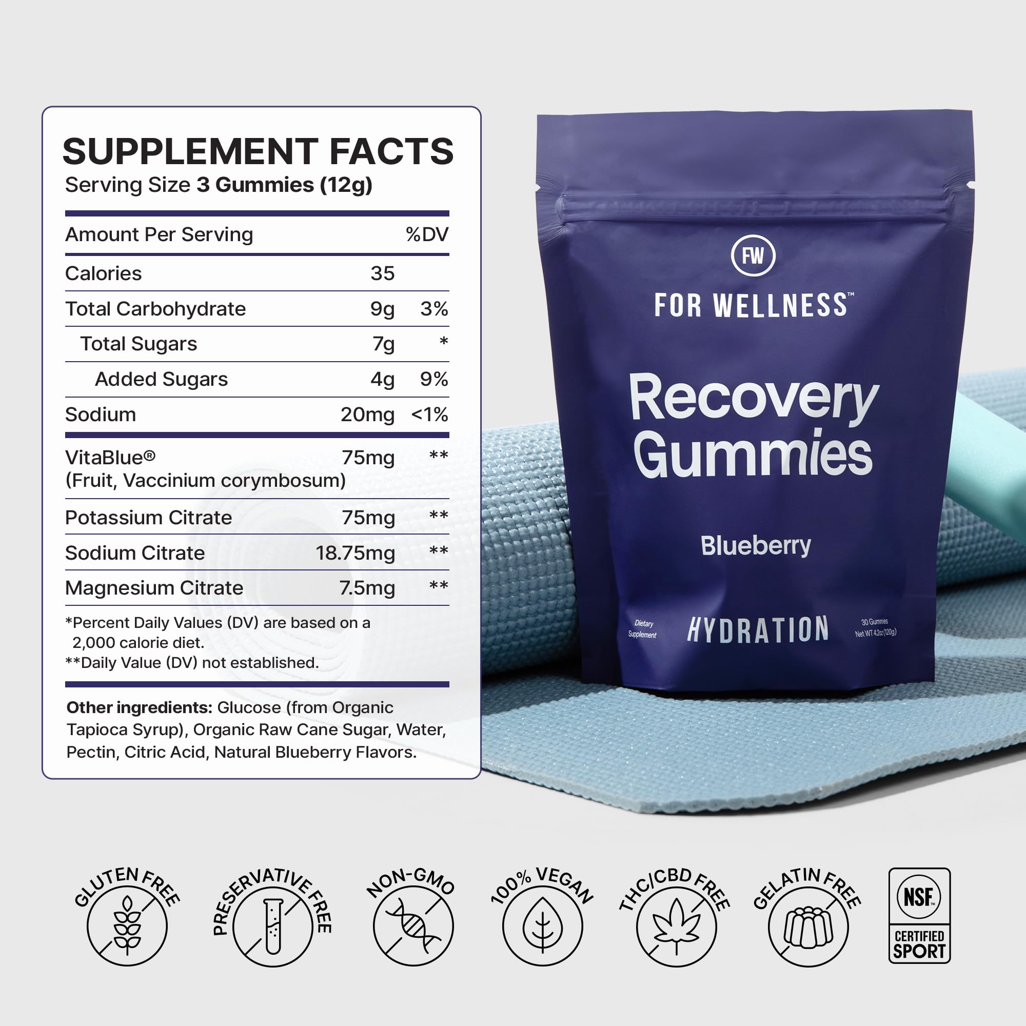For Wellness Recovery Gummies Hydrate vegan seal highlighting plant-based ingredients
