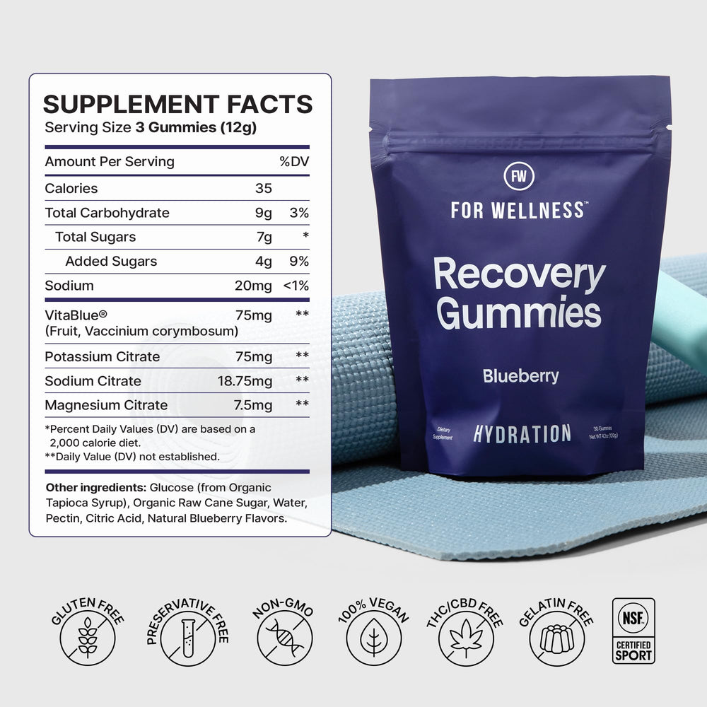 For Wellness Recovery Gummies Hydrate vegan seal highlighting plant-based ingredients
