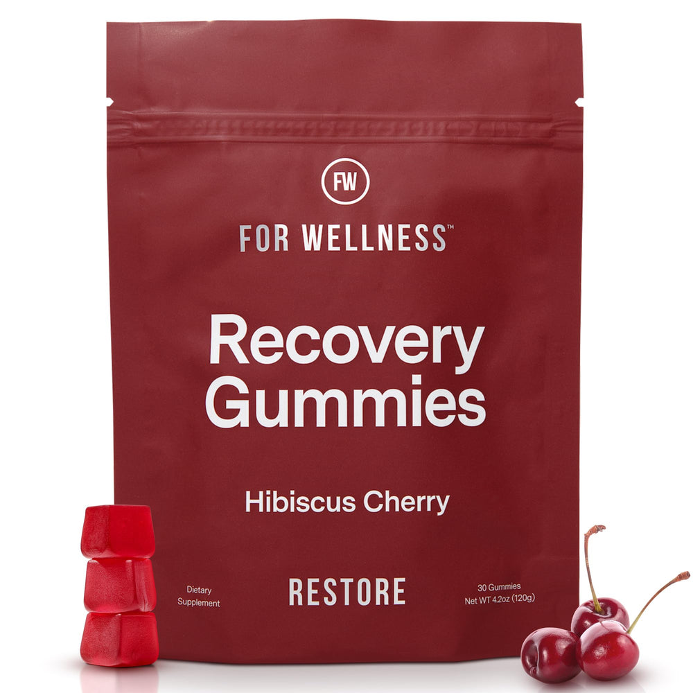 For Wellness Recovery Gummies Restore bottle shown, convenient post-workout support in tasty form.