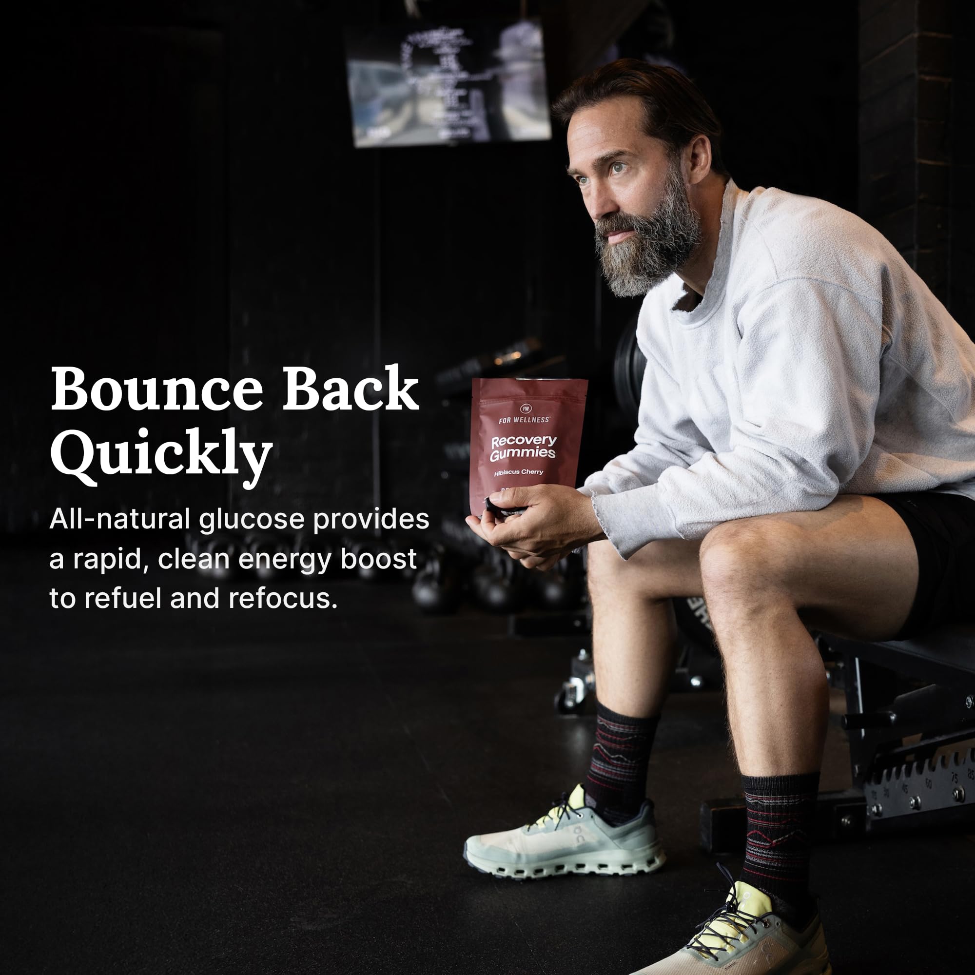 For Wellness Recovery Gummies Restore depiction of electrolytes and glucose, supporting hydration after training.