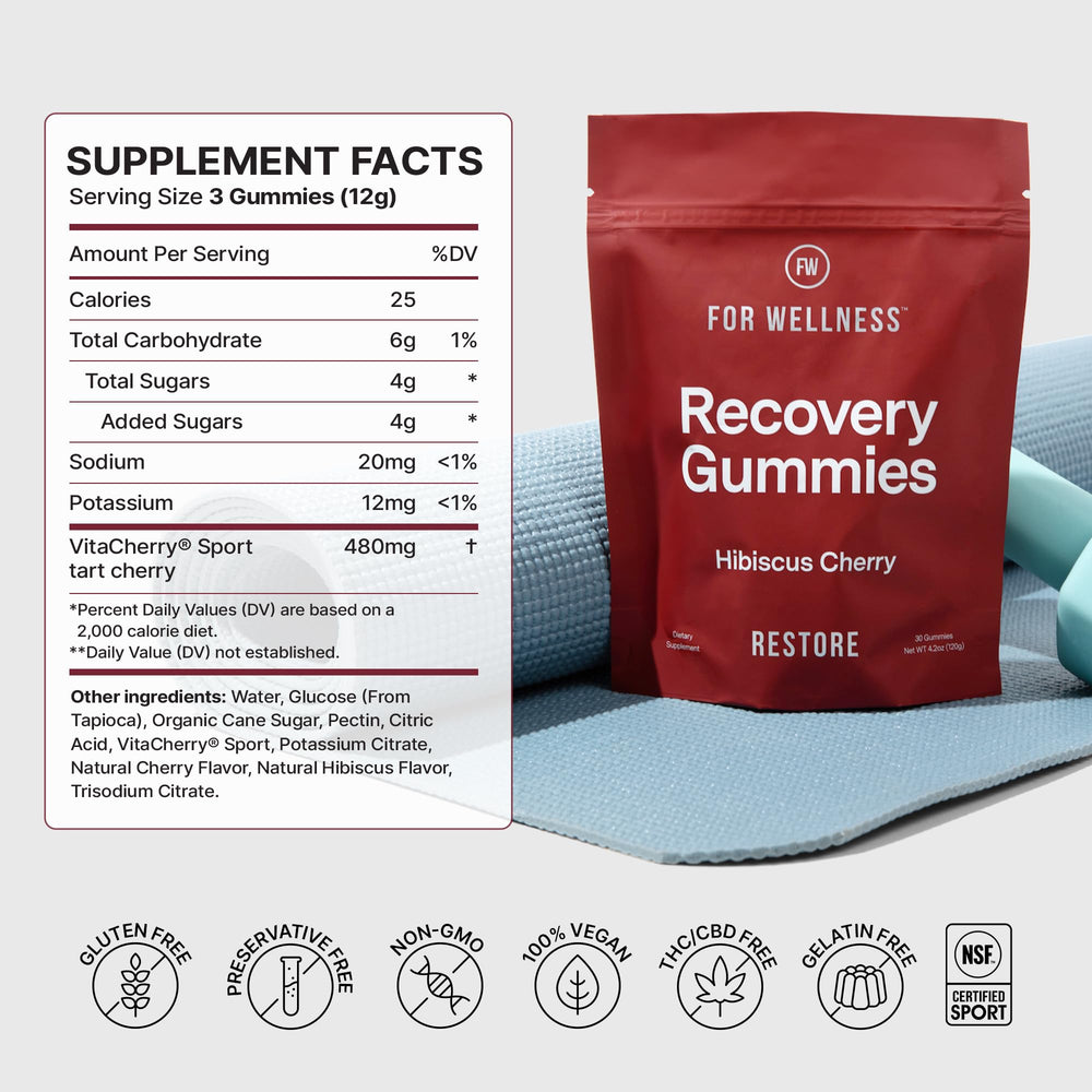 For Wellness Recovery Gummies Restore vegan, dairy-free badge visible, underscoring clean ingredients.