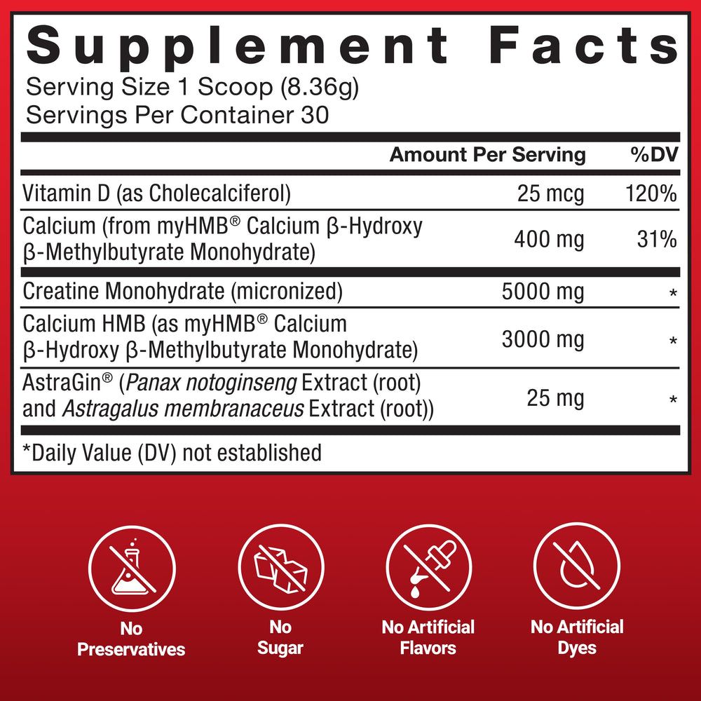 Force Factor Creatine HMB Powder unflavored bottle showing 30 servings.