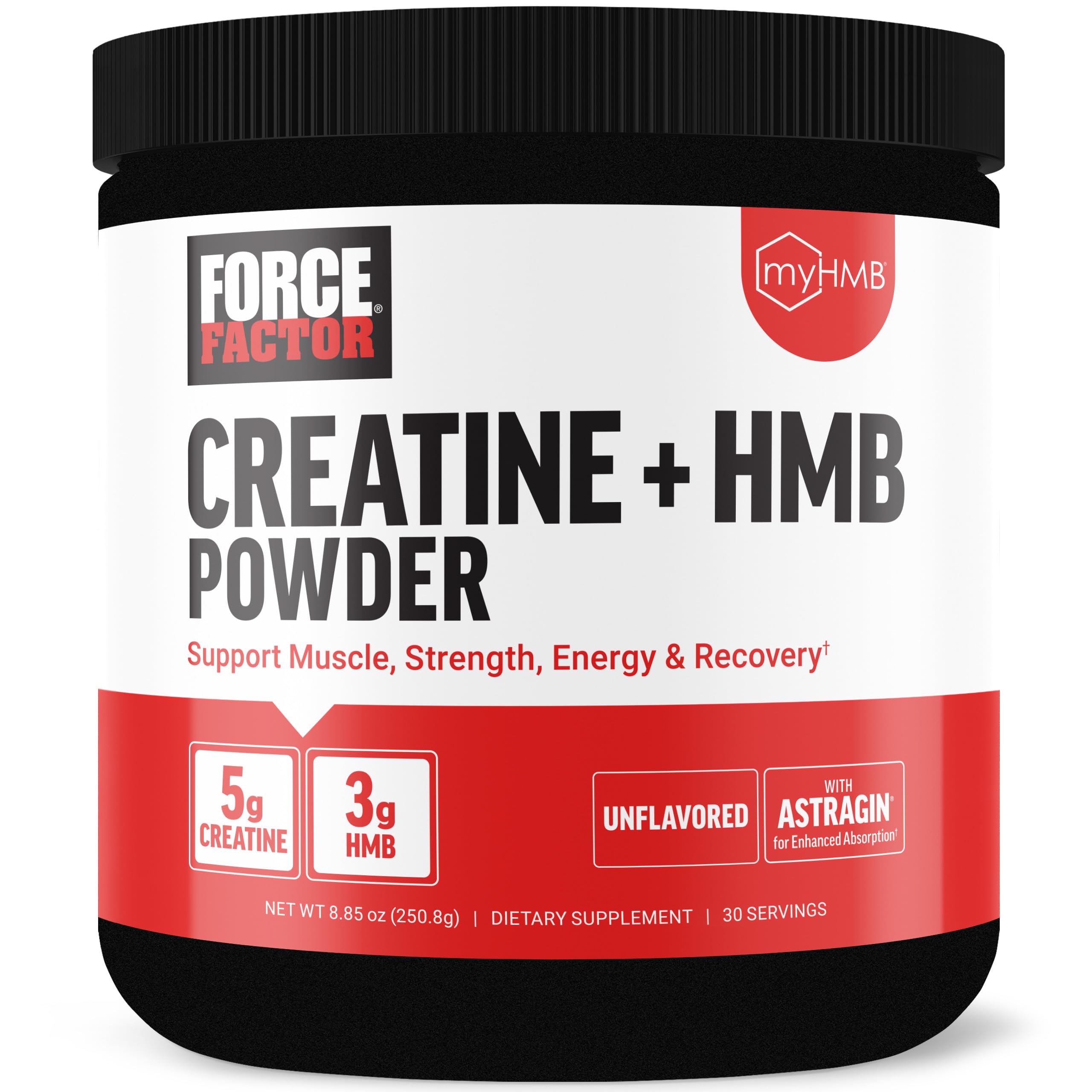 Force Factor Creatine HMB Powder bottle shows unflavored formula for lean muscle support.