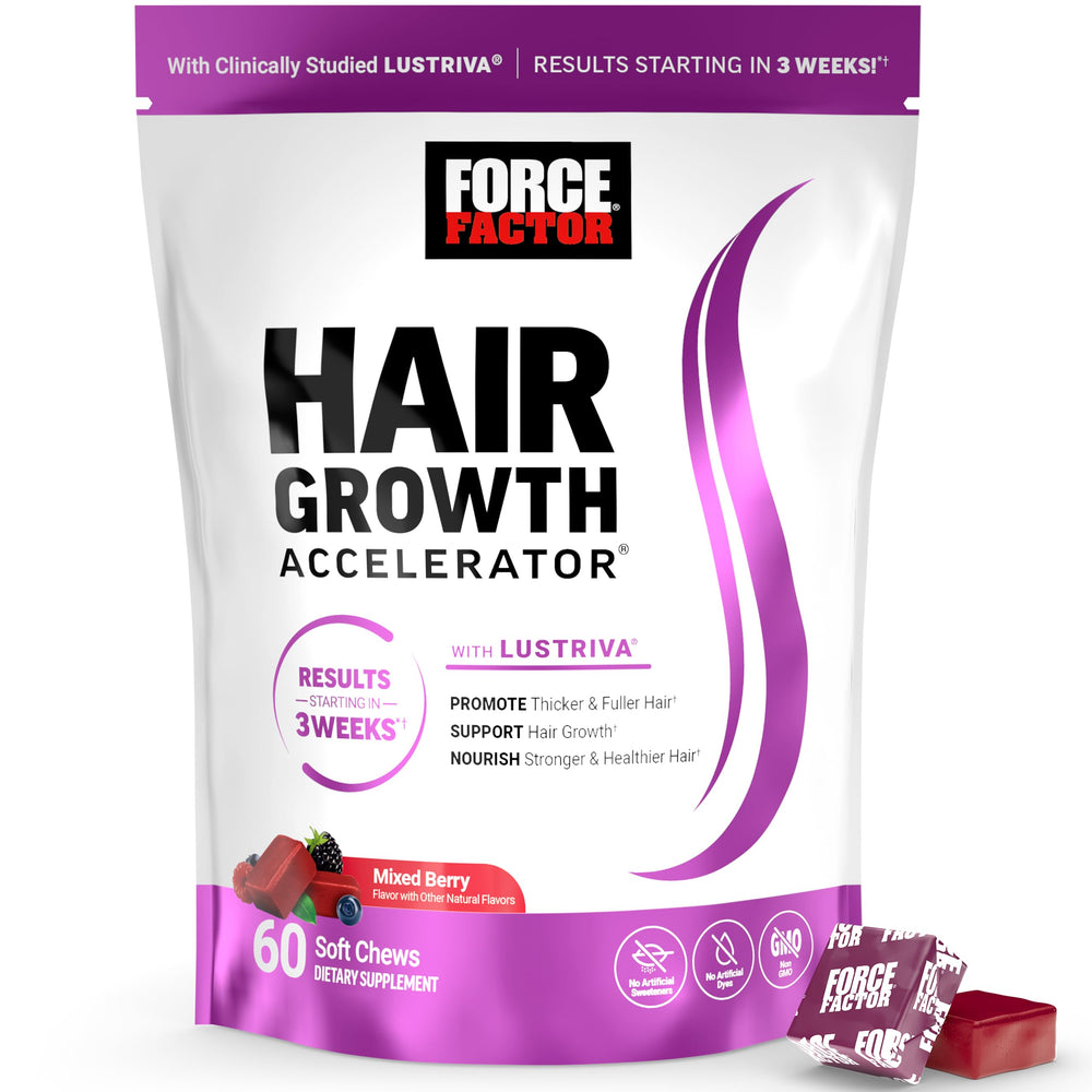 Force Factor Hair Growth Accelerator bottle with mixed berry chews for on-the-go support.