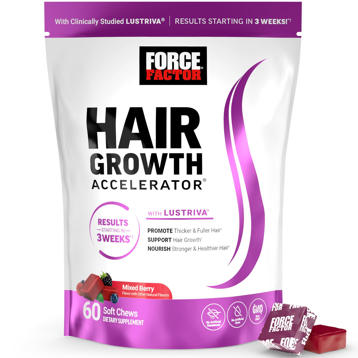 Force Factor Hair Growth Accelerator bottle with mixed berry chews for on-the-go support.