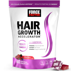 Force Factor Hair Growth Accelerator bottle with mixed berry chews for on-the-go support.