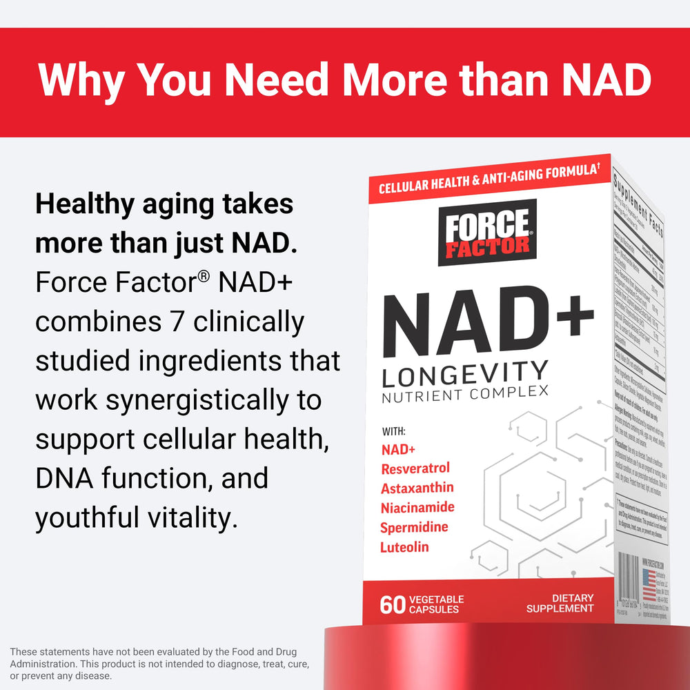 Force Factor NAD+ capsules in hand suggest portable daily energy support.