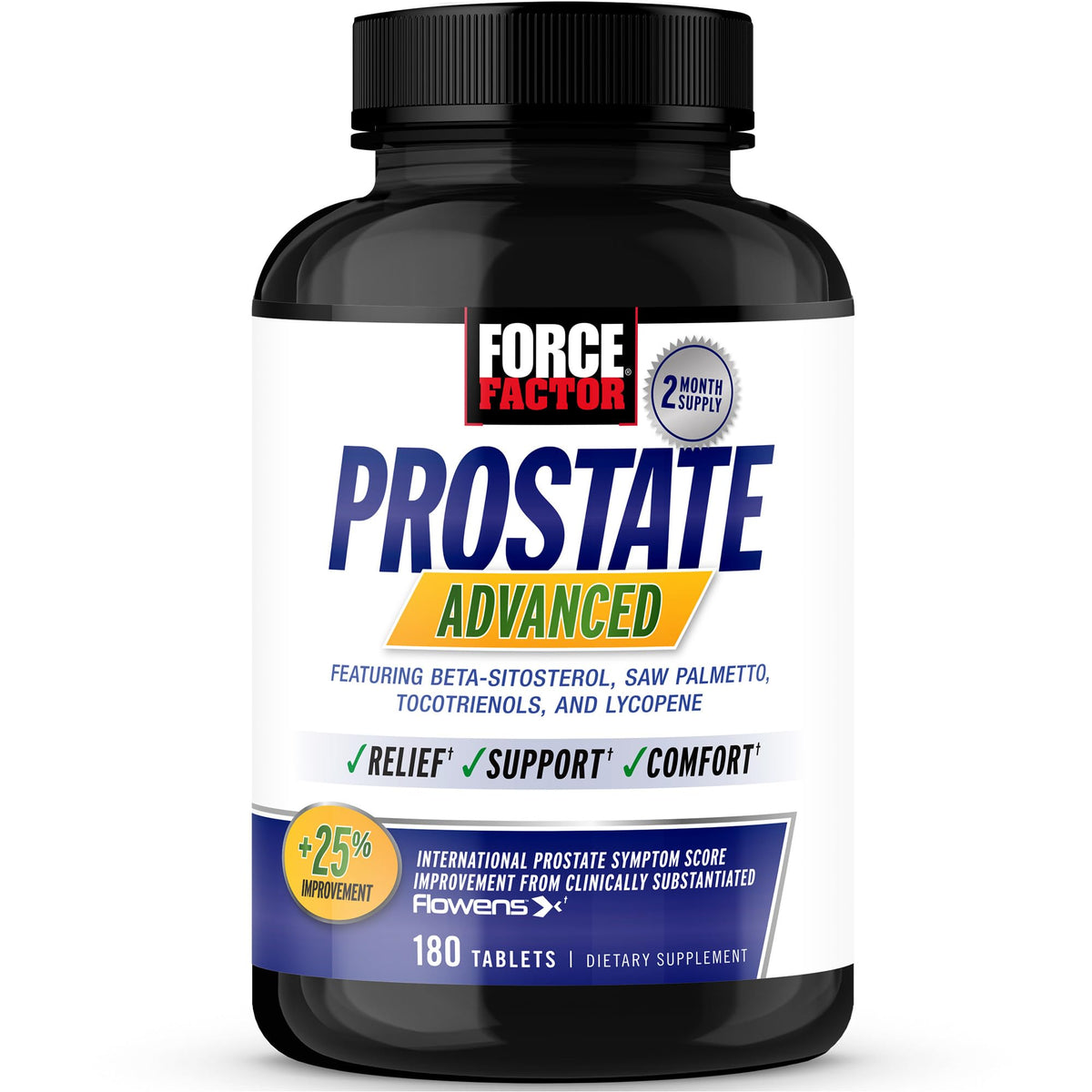 Force Factor Prostate Advanced bottle side view promoting convenient daily use for urinary comfort