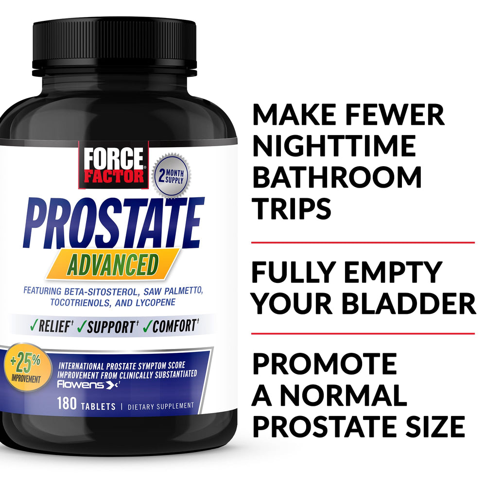 Force Factor Prostate Advanced tablets close-up showing easy-to-swallow capsules for nightly relief