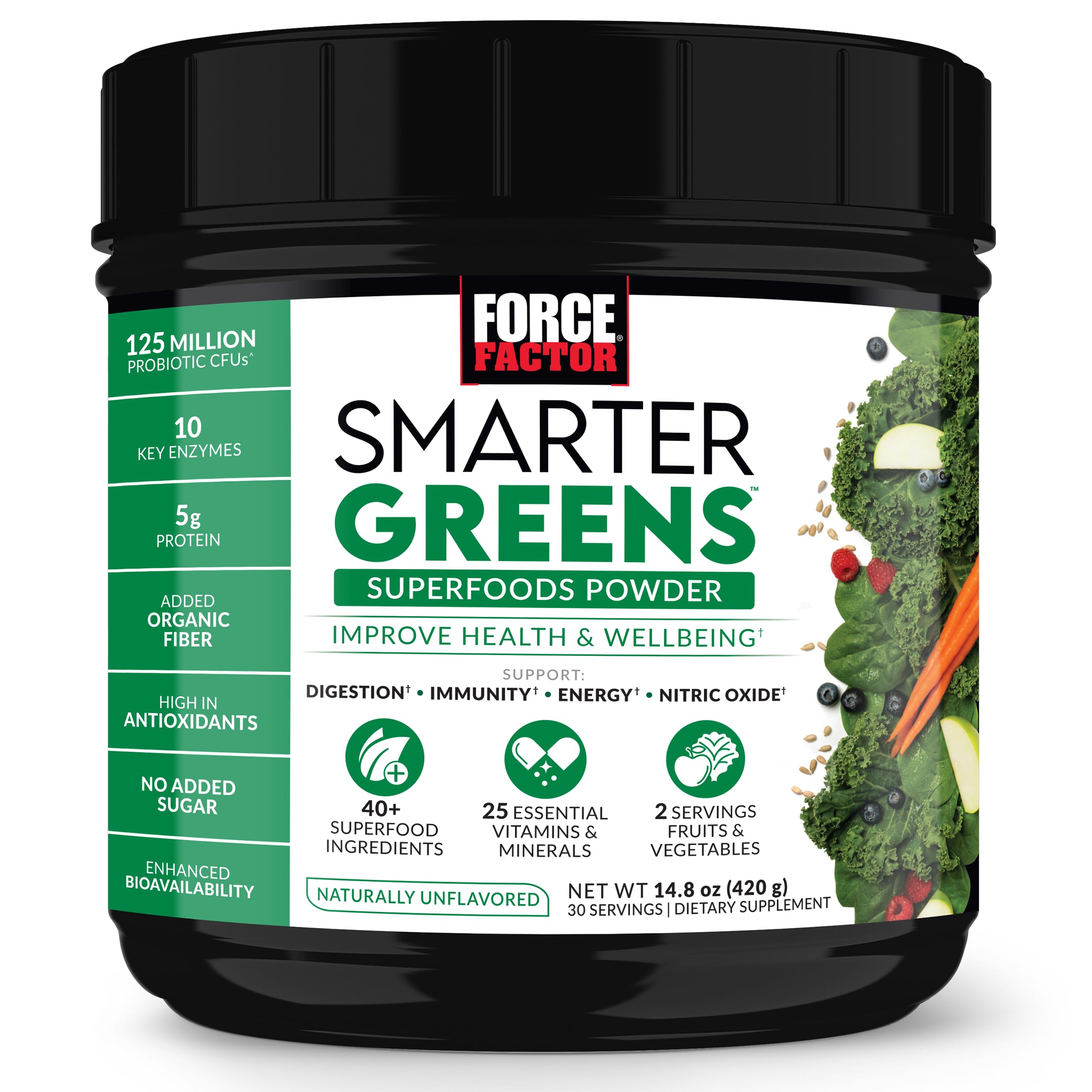 Force Factor Smarter Greens bottle and scoop for quick daily nutrition.