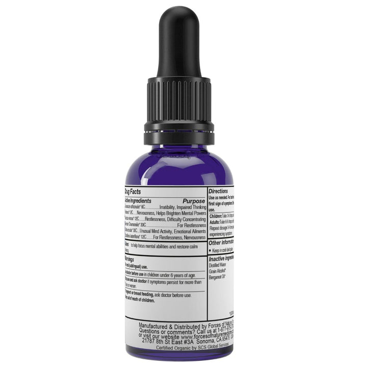 Close-up of Focus More bottle emphasizing organic ingredients for sharper concentration