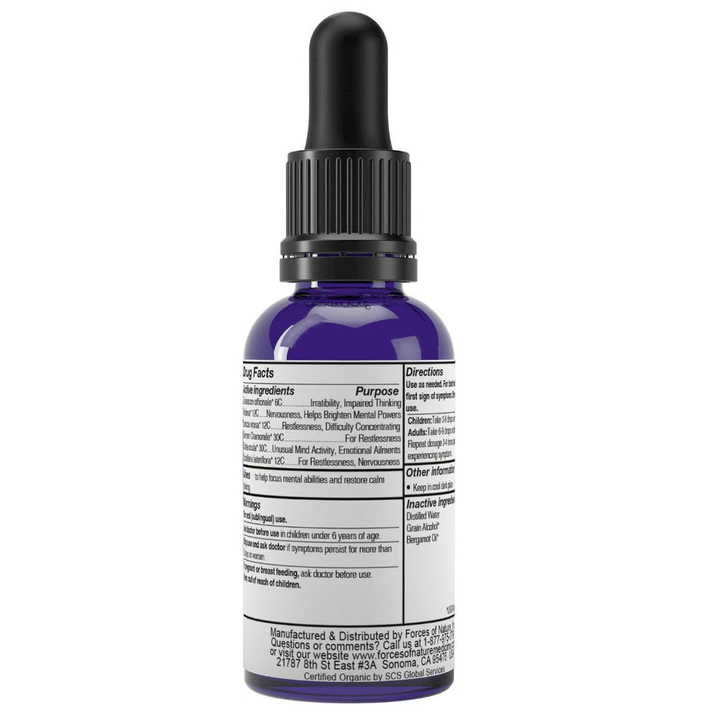 Close-up of Focus More bottle emphasizing organic ingredients for sharper concentration