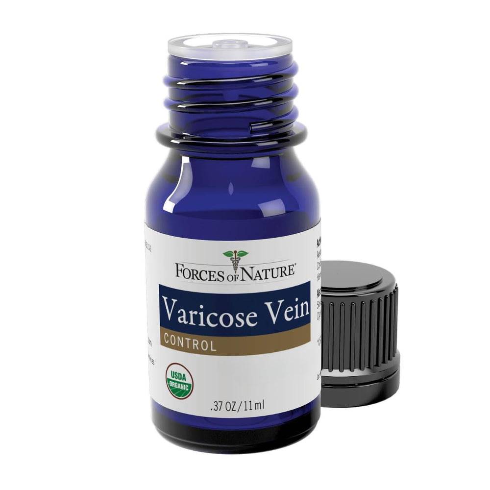 Forces of Nature Varicose Veins Treatment ingredients close-up with Horse Chestnut and Witch Hazel.