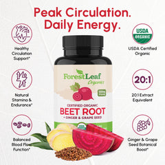 ForestLeaf beet root capsules label close-up highlighting organic certification