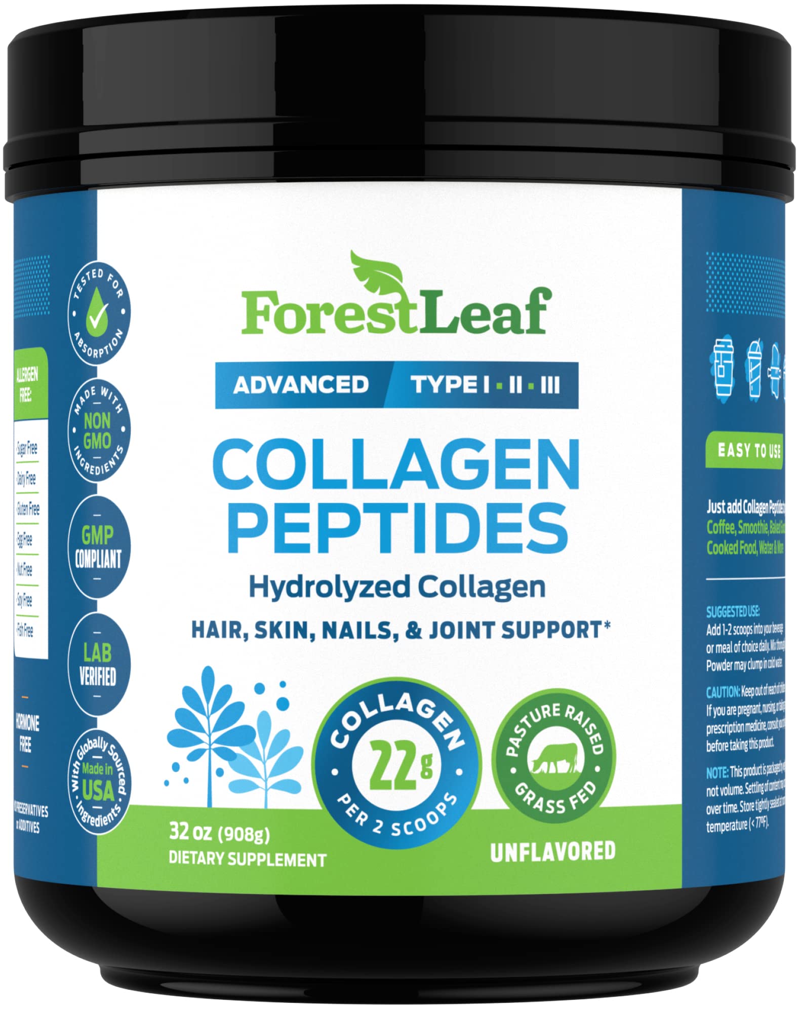 ForestLeaf Collagen Powder additive-free ingredients; ideal for sugar-free recipes.