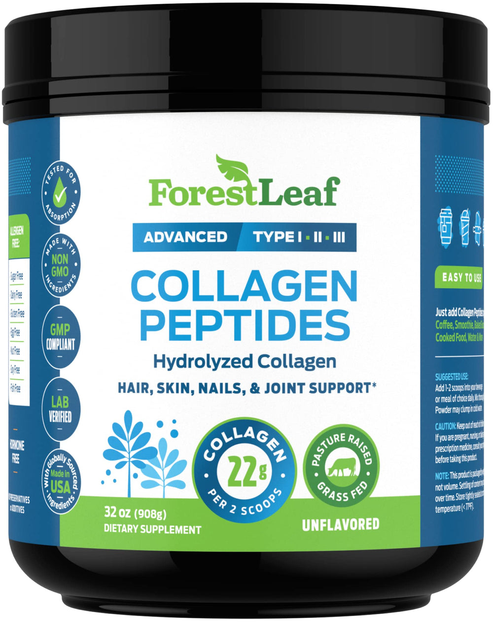 ForestLeaf Collagen Powder additive-free ingredients; ideal for sugar-free recipes.