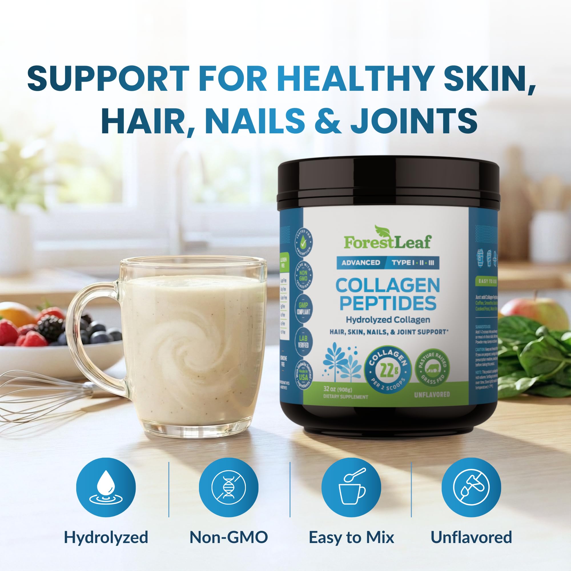 ForestLeaf Collagen Powder unflavored scoop; precise daily serving for hair and skin.
