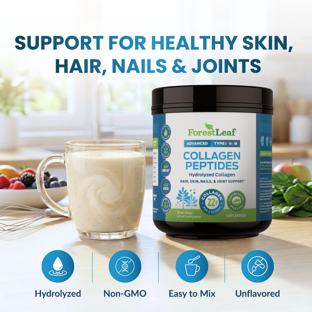 ForestLeaf Collagen Powder unflavored scoop; precise daily serving for hair and skin.