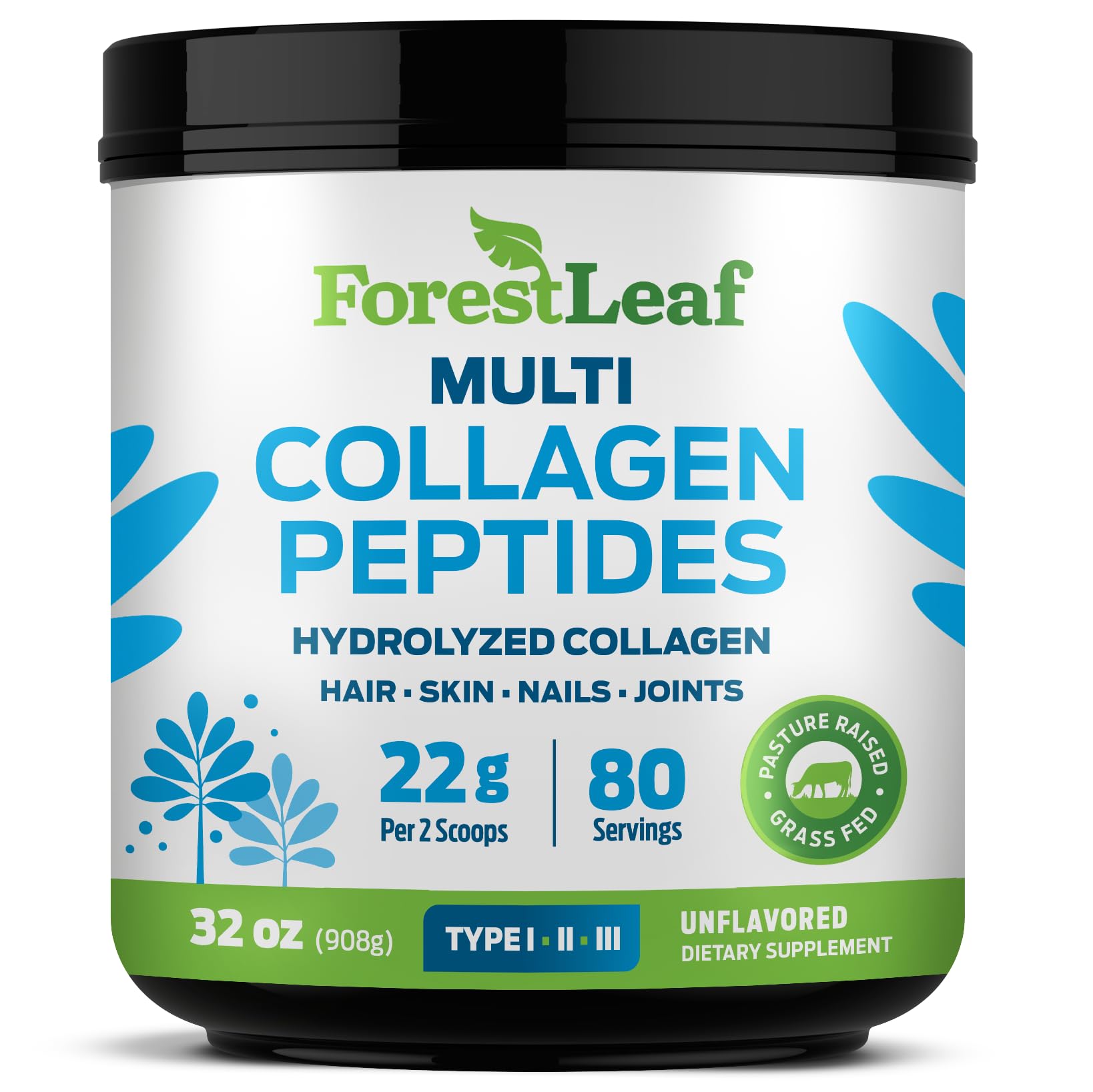 ForestLeaf Collagen Powder unflavored tub; ideal for smoothies and baking.