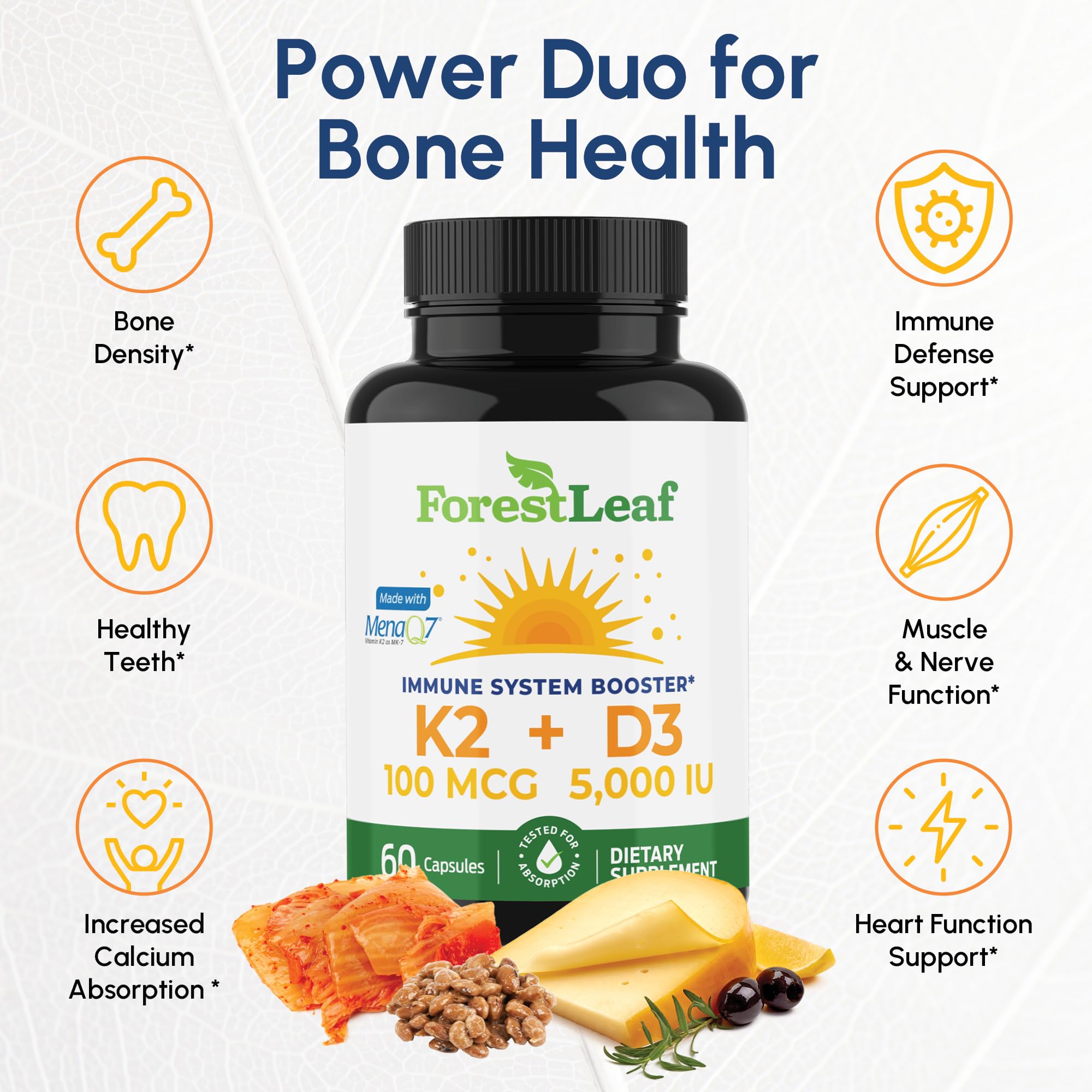 ForestLeaf D3 K2 capsules ready for daily bone and heart health support.