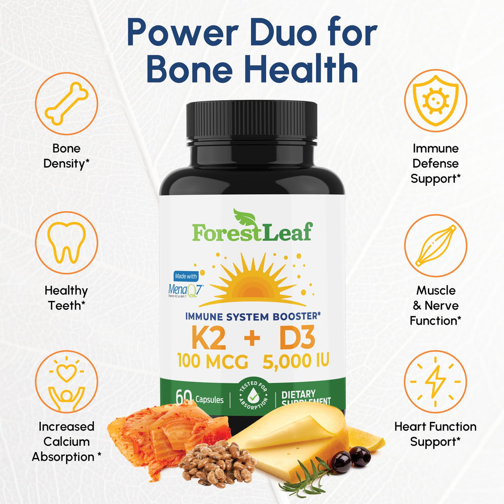 ForestLeaf D3 K2 capsules ready for daily bone and heart health support.