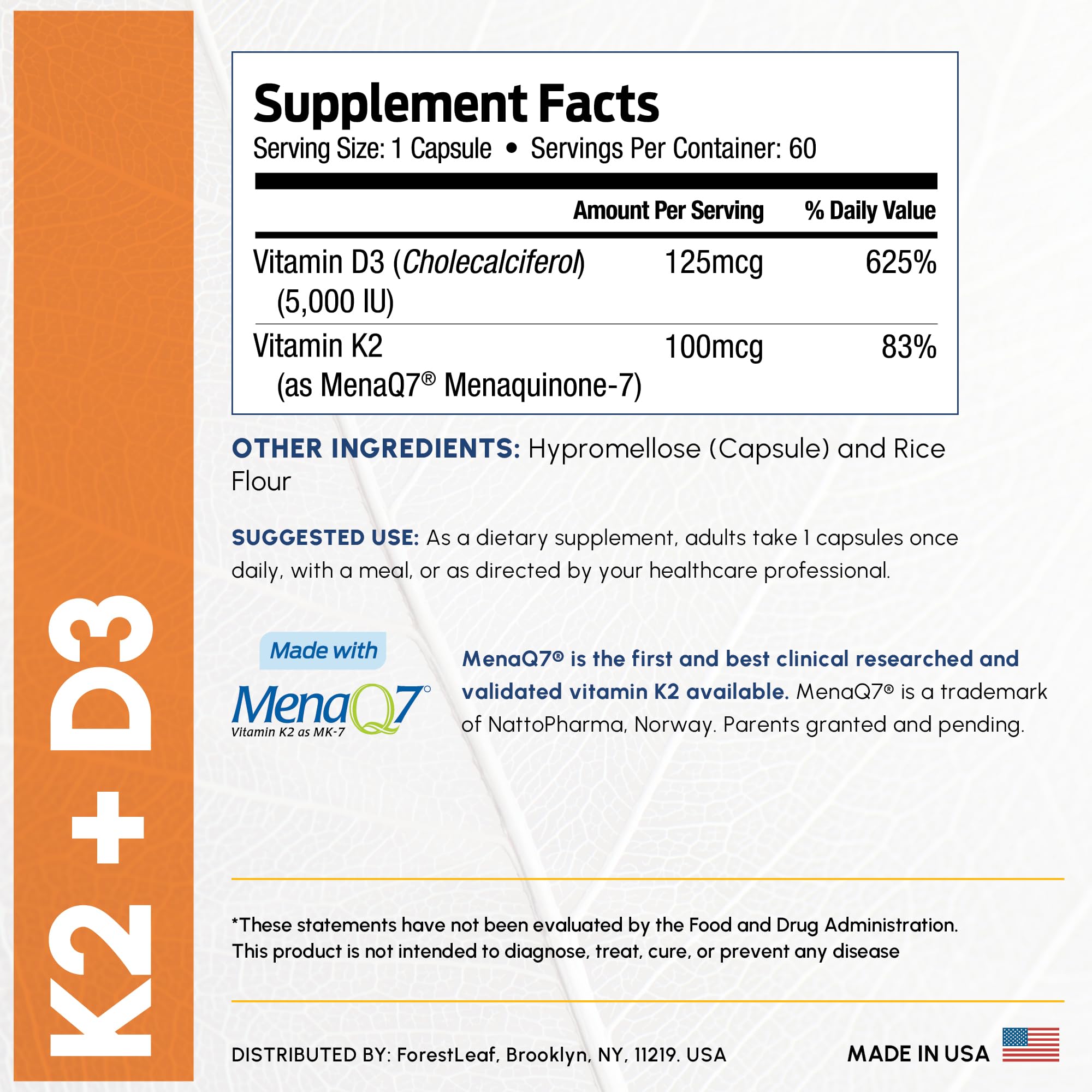 ForestLeaf D3 K2 MK7 bottle highlighting MenaQ7 ingredient.