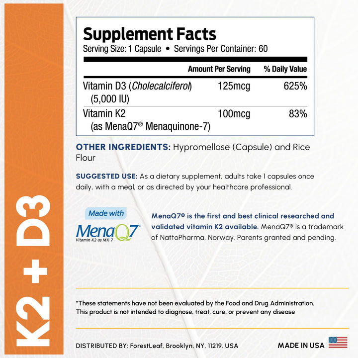 ForestLeaf D3 K2 MK7 bottle highlighting MenaQ7 ingredient.