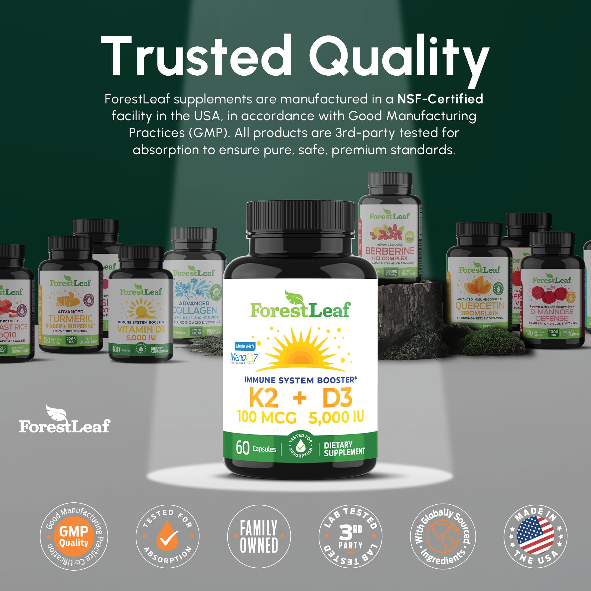 ForestLeaf D3 K2 vegetarian capsules free from common allergens.