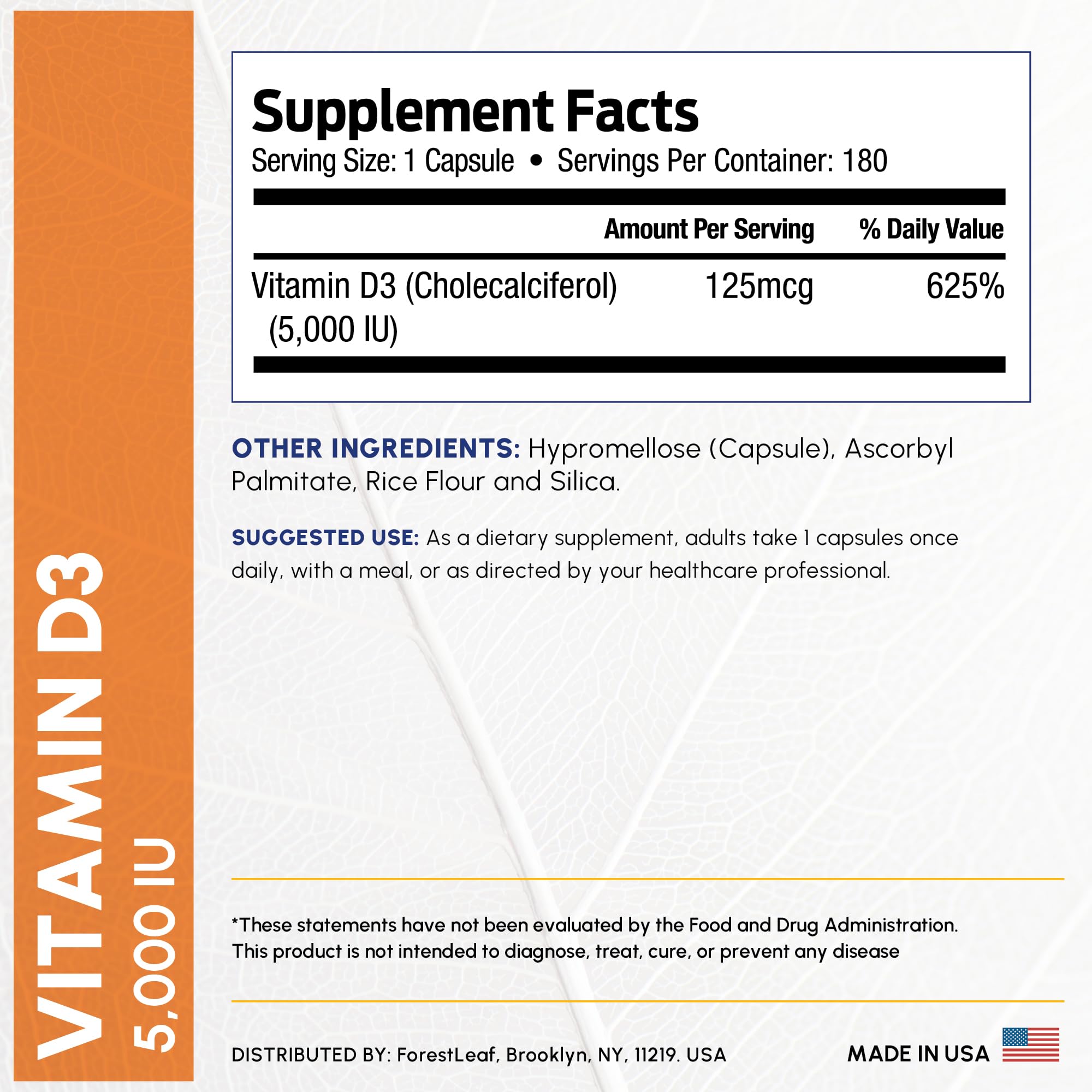 Etiqueta limpia de ForestLeaf Vitamina D3 5000 IU sin aditivos
