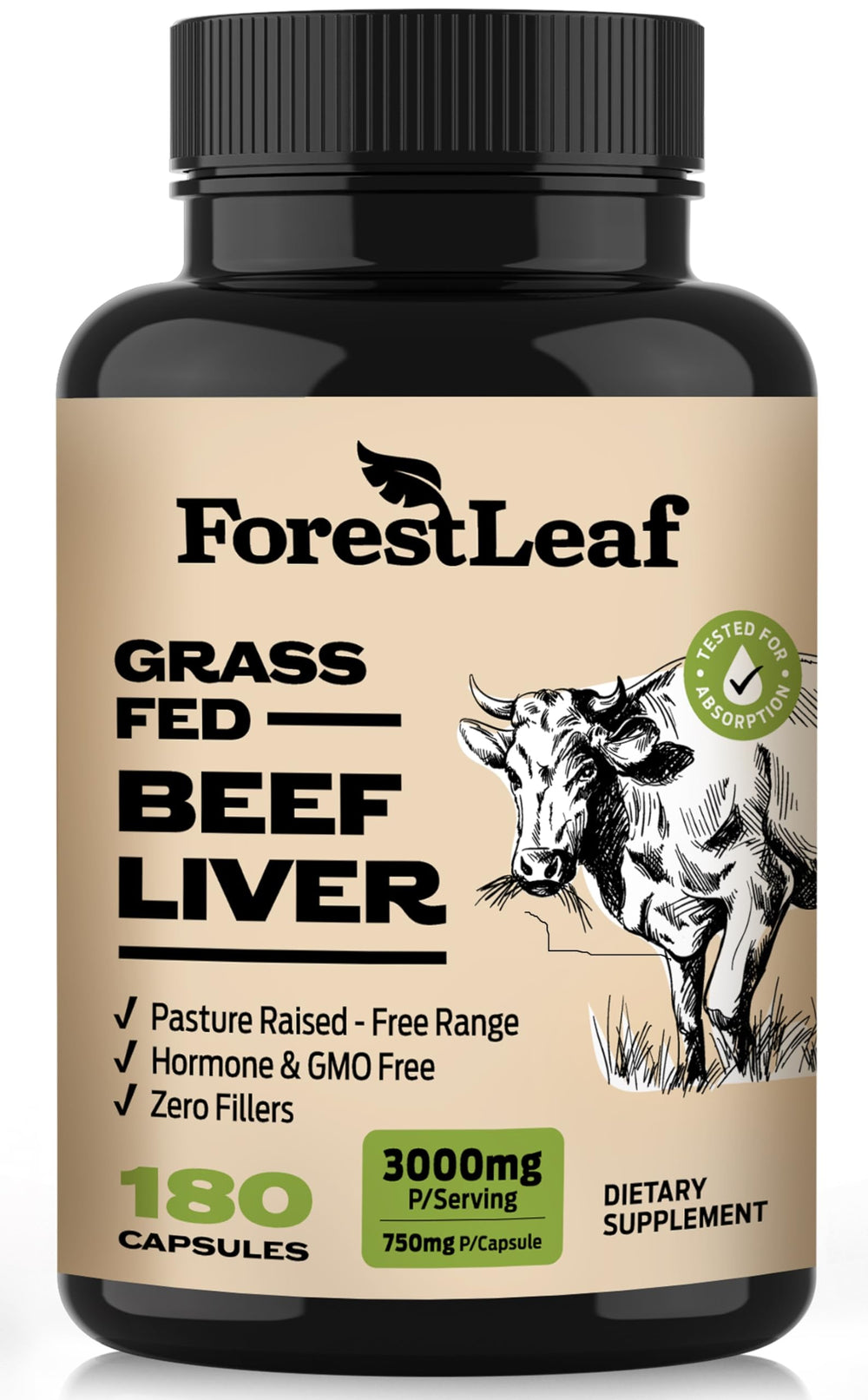 ForestLeaf grass-fed beef liver capsules bottle for daily convenience and energy support.